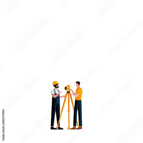 Fototapeta Workers measuring land with theodolite on transparent background .