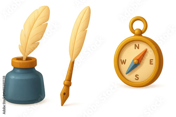 Fototapeta A Vibrant Still Life of Writing Tools Featuring Quills, Ink Pot, and a Compass, Symbolizing Creativity and Exploration in Artistic Pursuits isolated on white or transparent png