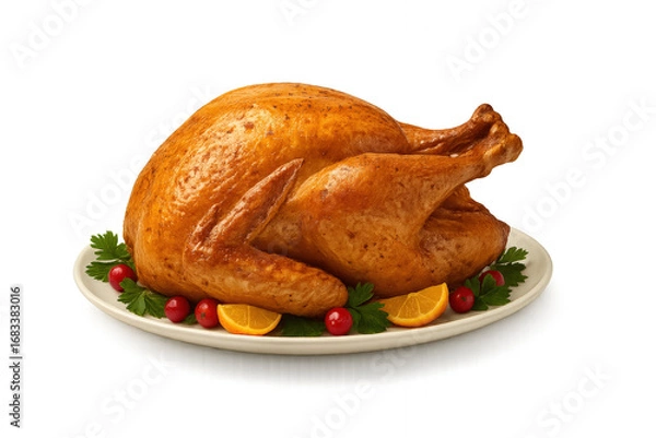 Fototapeta A Beautifully Roasted Turkey Garnished with Fresh Vegetables and Fruits, Perfectly Situated on a White Platter Ready for a Festive Feast isolated on white or transparent png