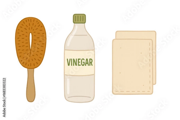 Fototapeta A Creative Blend of Everyday Items: Hairbrush, Vinegar Bottle, and Kitchen Cloths in a Unique Display of Domestic Life isolated on white or transparent png