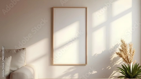 Fototapeta Empty picture frames and potted plants, white sofa in the living room with morning light.