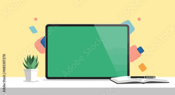 Fototapeta Creative workspace concept with a digital tablet mockup featuring a green screen, notebook, and plant on a modern desk