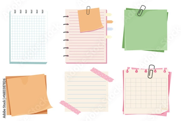 Fototapeta Different note papers, memo pages with paper clip and adhesive tape. Set sticky remind blanks, sheets, stickers. Checklist ripped torn edge paper.