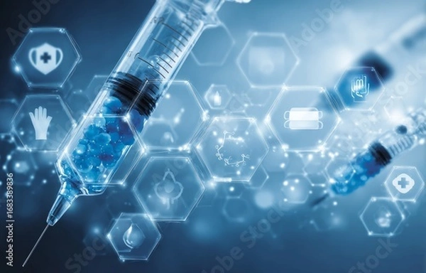 Fototapeta A blue syringe with a bunch of medical symbols on it. Star concept.