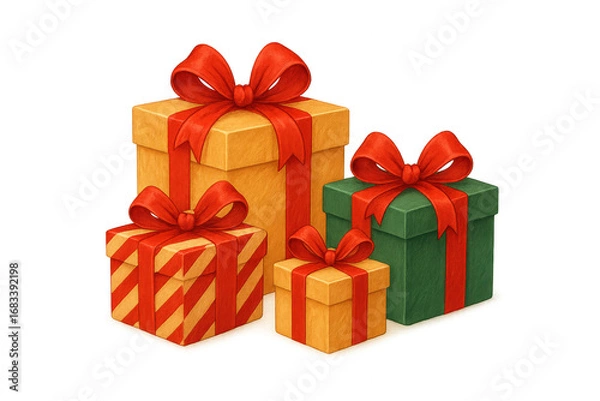 Fototapeta A Collection of Colorfully Wrapped Gift Boxes with Vibrant Ribbons Perfect for Celebrations and Special Occasions in a Festive Atmosphere isolated on white or transparent png