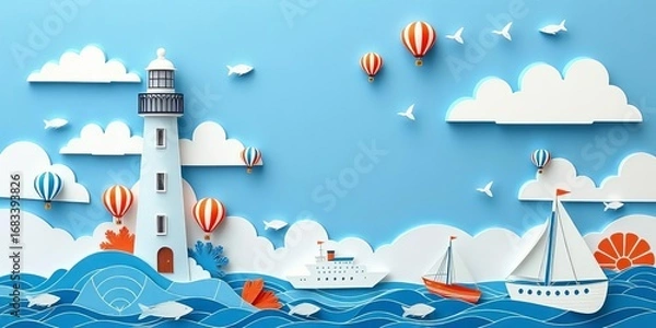Fototapeta Layered blue & white paper cut design; lighthouse, hot air balloons, fish, clouds, ship, culinary elements,  layered,  colorful