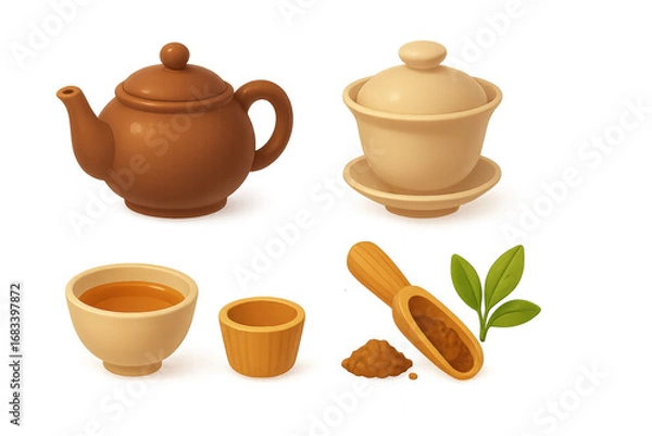 Fototapeta A Warm Collection of Tea Accessories Featuring a Classic Teapot, Cups, and Natural Ingredients for an Inviting Brewing Experience isolated on white or transparent png