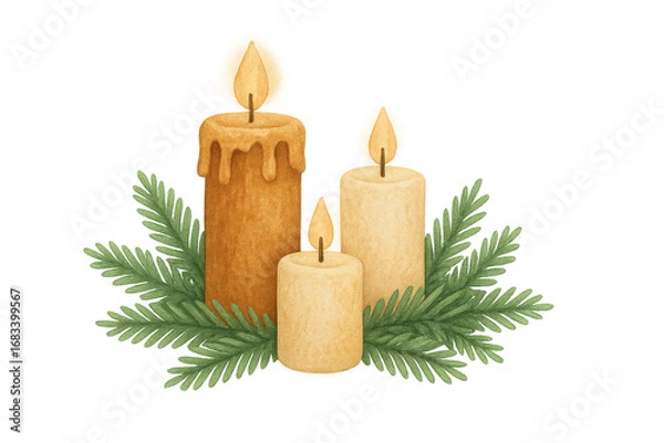 Fototapeta A Cozy Arrangement of Three Decorative Candles Surrounded by Greenery, Emanating a Warm Glow with Soft Shadows Against a Mystical Background isolated on white or transparent png