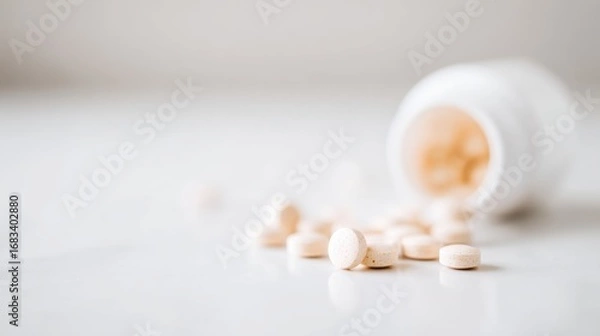 Obraz White pills spilling from fallen pill bottle on white table