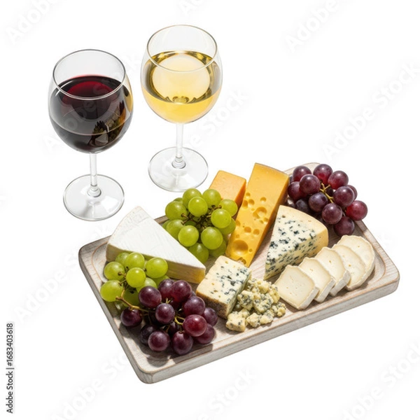 Fototapeta Delicious wine and cheese platter with grapes perfect for enjoying a relaxing evening