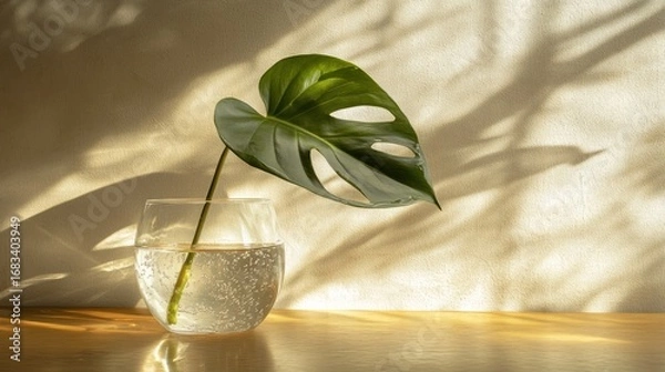 Fototapeta Monstera leaf in a glass of water casting shadows against a cream wall for a minimalist aesthetic