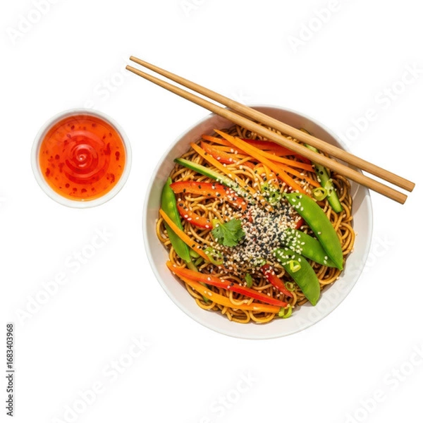 Fototapeta Delicious asian noodles with fresh vegetables and chili sauce served with chopsticks top view
