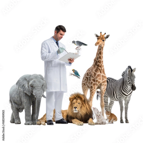 Fototapeta Zoologist with animal isoleted on transparent background .