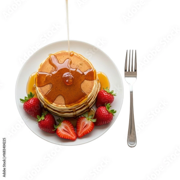Fototapeta Delicious stack of golden pancakes drizzled with syrup and fresh strawberries on a white plate with a fork