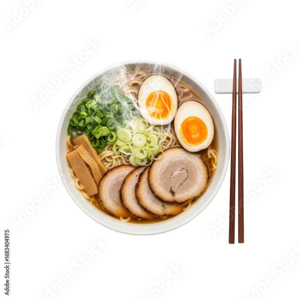 Fototapeta Delicious ramen bowl with soft boiled eggs slices of pork and green onions asian cuisine