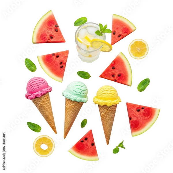 Fototapeta Vibrant assortment of refreshing summer treats including watermelon slices and ice cream cones