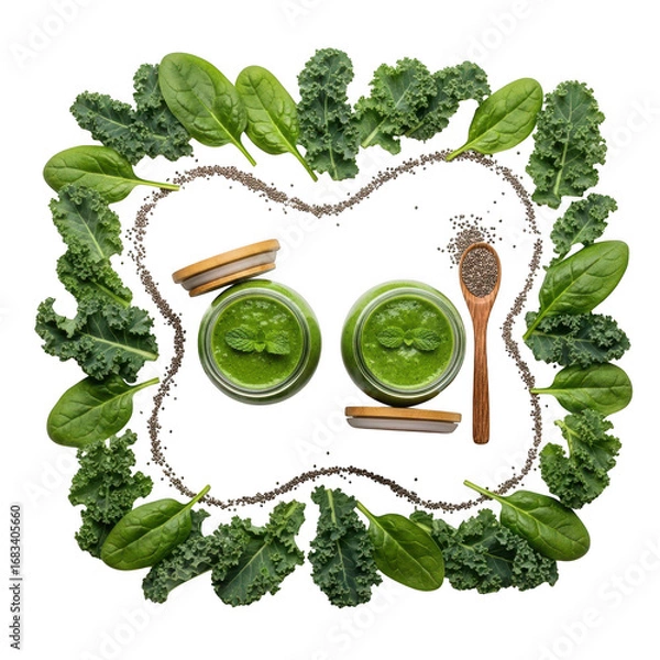 Fototapeta Healthy green smoothie jars with fresh kale and spinach border and wooden spoon