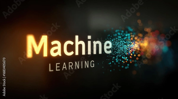 Obraz Machine learning inscription on black background next to information clusters, hologram, neon, artificial intelligence, future, high technology, big data, information technology
