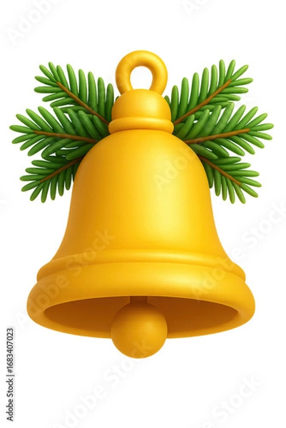 Fototapeta A Vibrant Golden Bell Surrounded by Lush Green Pine Branches, Perfect for Celebrations and Festive Occasions, Evoking Joy and Splendor isolated on white or transparent png