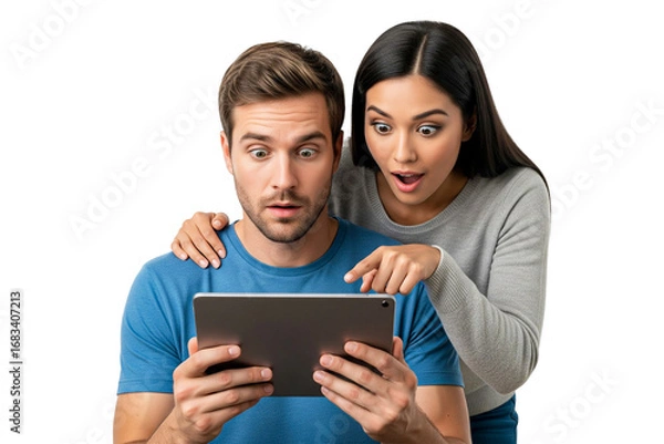 Fototapeta young couple with tablet computer on white