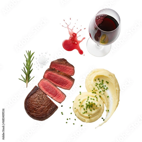 Fototapeta Gourmet sliced steak dinner with red wine and creamy mash potatoes fine dining appetizer