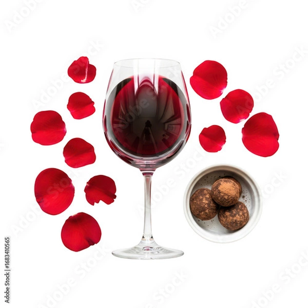 Fototapeta Elegant wine glass with deep red wine surrounded by scattered rose petals and a small dish of culinary delights