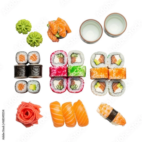 Fototapeta Diverse sushi platter with salmon rolls maki nigiri wasabi and ginger top view