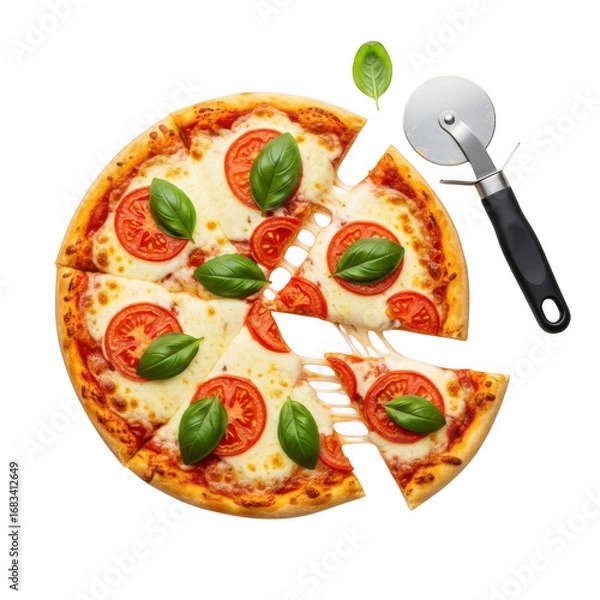 Fototapeta Deliciously sliced margherita pizza with fresh basil and a pizza cutter ready to serve