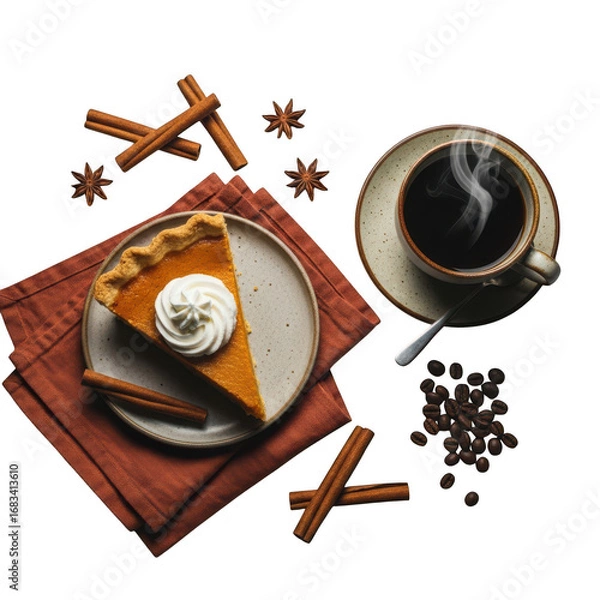 Fototapeta Cozy autumn slice of pumpkin pie with whipped cream and steaming coffee cup garnished with cinnamon sticks