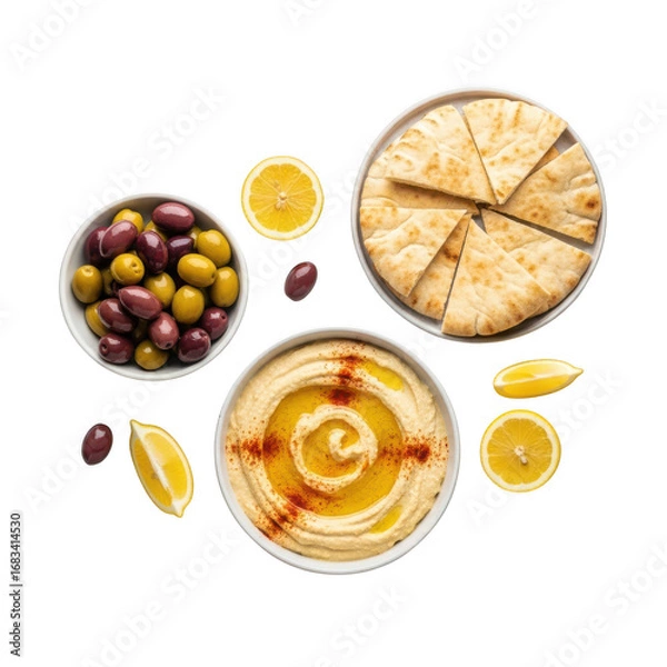 Fototapeta Delicious hummus platter with olives pita bread and fresh lemon slices overhead view