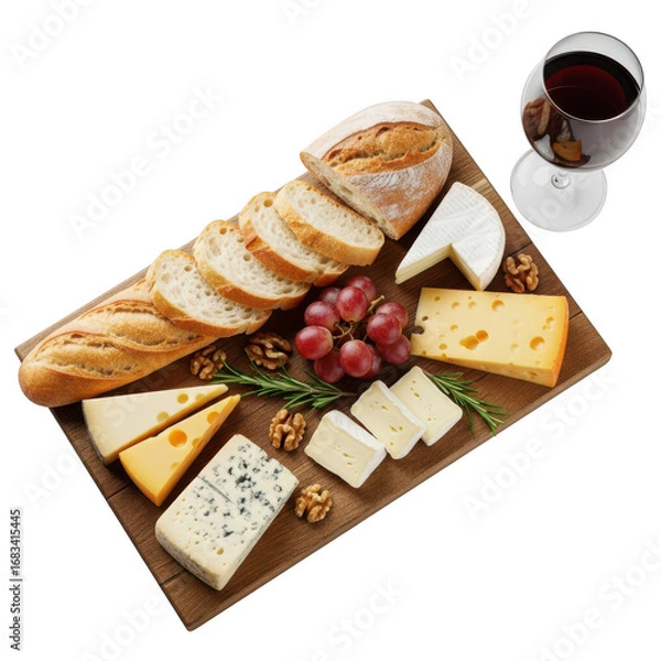 Fototapeta Gourmet cheese platter with baguette and red wine perfect for entertaining or a relaxing evening