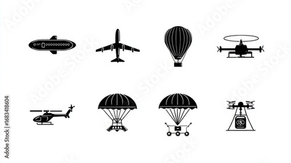 Fototapeta Black and white icons of various air travel and transport vehicles arranged in two rows