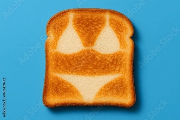 Fototapeta Toasted Bread with Bikini Tan Line Pattern on Bright Blue Background in a Playful Food Art Concept