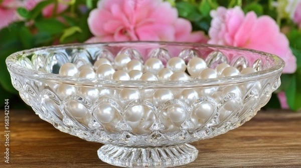 Fototapeta Luminous pearls cascade within a vintage crystal bowl against a floral backdrop display elegance