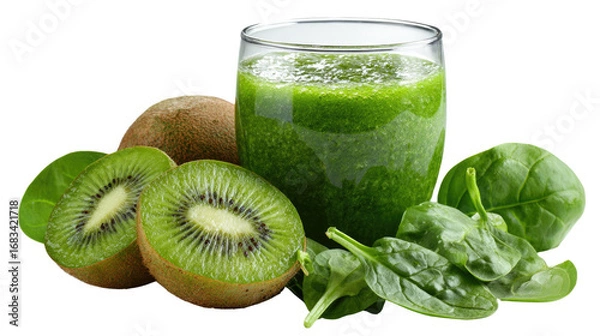 Fototapeta Green Smoothie's Freshness: A vibrant close-up of a green smoothie in a clear glass, next to ripe kiwi fruits and fresh spinach leaves, embodying healthy eating and natural flavors.