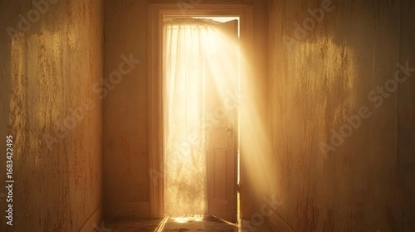 Fototapeta Sunlit doorway casting ethereal light in a weathered and atmospheric interior space
