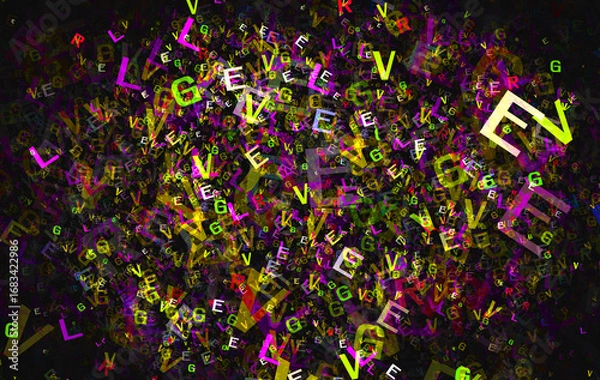Fototapeta Jumbled random letters in multicolor on a black background
