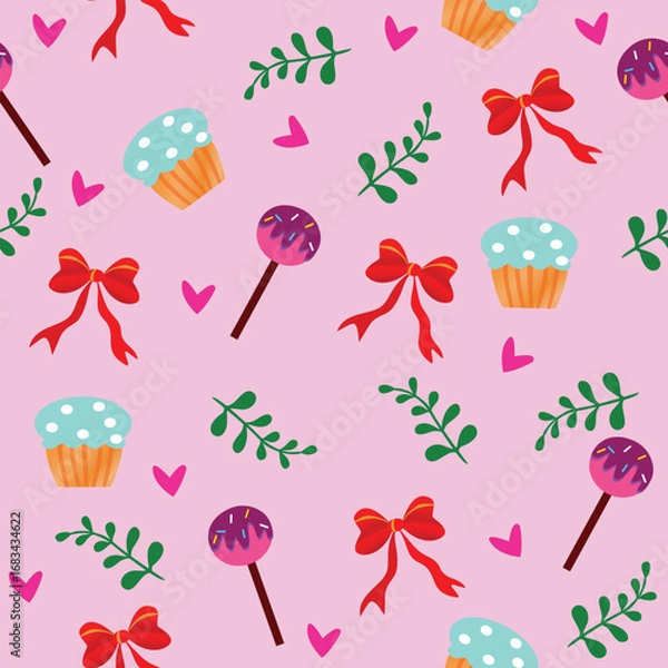 Fototapeta Seamless Cupcake, Candy Pattern with Ribbons and Hearts