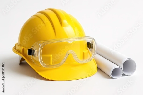 Fototapeta Construction Safety Tools: A vibrant, close-up view features a bright yellow hard hat and safety goggles, along with rolled blueprints.