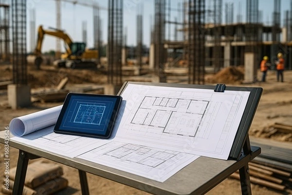 Fototapeta Construction Plans & Tablet: A construction site bustles with activity, a tablet displaying blueprints and rolled-up plans, signifying progress and modern technology within the industry.