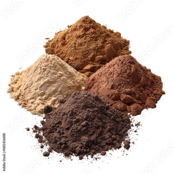 Fototapeta Photo of four piles of different colored powders isolated on transparent background