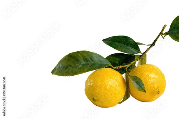 Fototapeta Two lemons on a branch with leaves against a black background