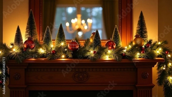 Fototapeta A festively decorated mantel with Christmas ornaments, mini trees, and lights, with a chandelier reflected in a mirror.