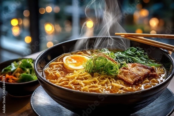 Fototapeta Steaming Hot Bowl of Ramen Noodles with Chopsticks