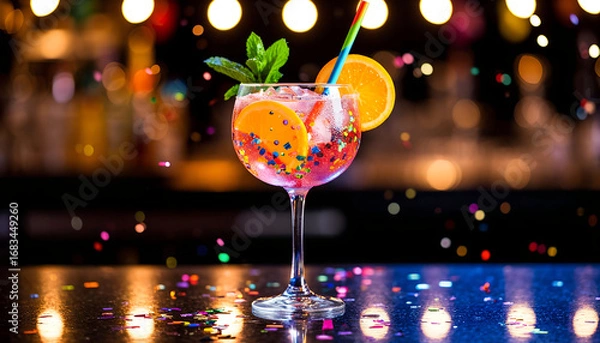 Fototapeta Sparkling Festive Cocktail with Eco-Friendly Straw and Party Confetti