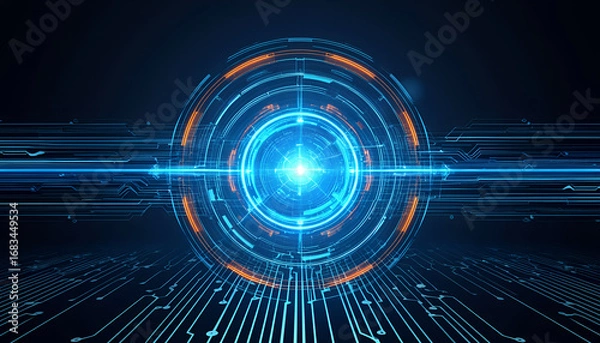 Fototapeta Digital Technology Background with Glowing HUD and Circuit Board Lines