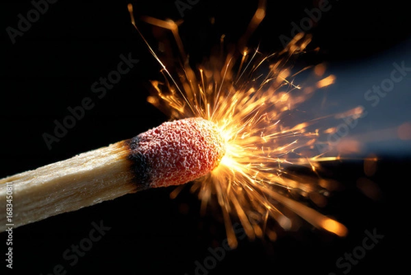 Fototapeta Close-up of a match being struck and igniting, sparks flying, black background, extreme macro photography