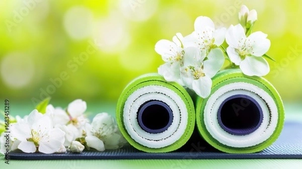 Fototapeta Yoga mats with jasmine flowers arrangement promoting relaxation and wellness with a soft green