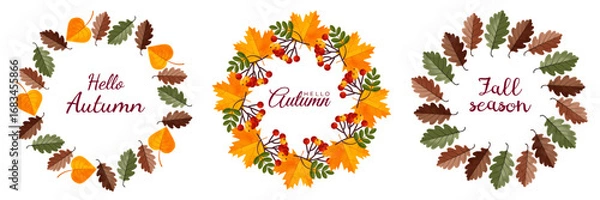 Fototapeta Hello Autumn. Circle frame set with fall leaves and rowan. Seasonal wreath. Vector template for poster, postcard, wall decor, ads, print, sale