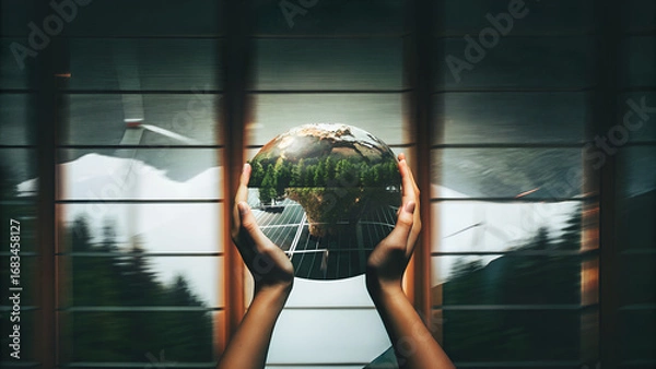 Fototapeta Hands holding globe symbolizing Earth day green every and environmental protection